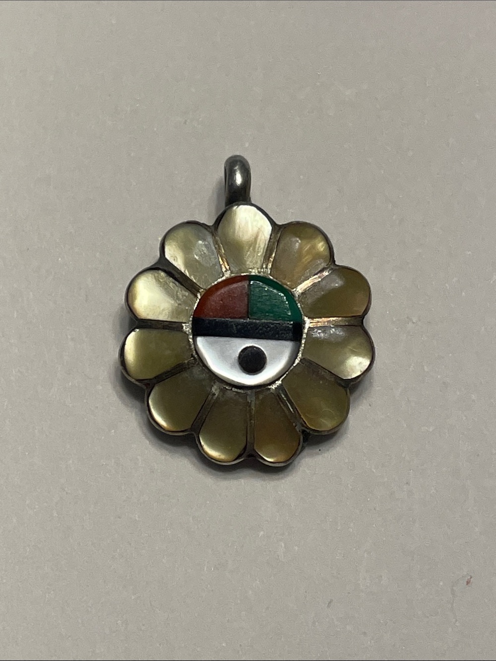 ZUNI MOTHER OF PEARL Flower Inlay Pendant with turquoise and coral